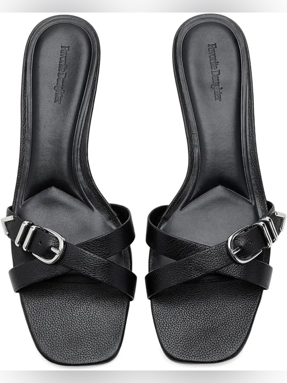 Women's Shiloh Black Leather Slide Sandals with Silver Buckle